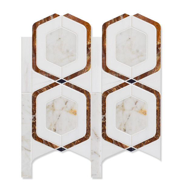 Snow White, Afyon Gold, Golden Onyx Multi Finish Glenn Marble Mosaic 11 13/16×11 13/16 Image