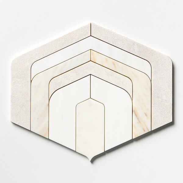 Diana Royal, Snow White, Calacatta Amber Multi Finish Archie Marble Mosaic 11 15/16×13 3/4 Image