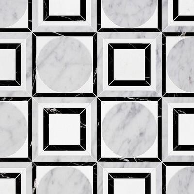 Cicero White Carrara, Black, Thassos White Multi Finish Marble Waterjet Decos 12×12 Image