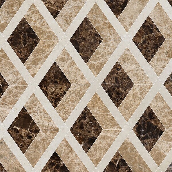 Hippodrome Crema Bella, Emperador Dark, Paradise Polished Marble Waterjet Decos 10 11/16×11 5/16 Image