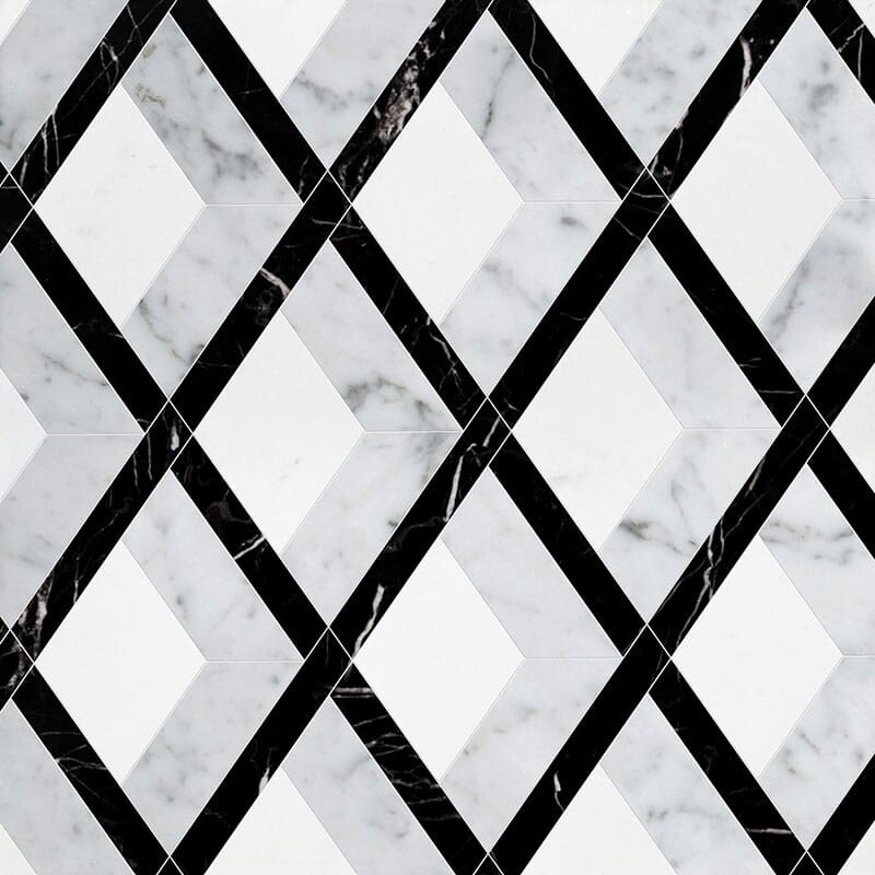 Hipodrom Beyaz Carrara, Siyah, Thassos Beyaz Multi Finish Mermer Su Jeti Dekorları 10 11/16x11 5/16