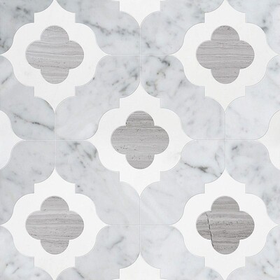 Irene White Carrara, Haisa Light, Thassos Multi Finish Marble Waterjet Decos 11 3/8×11 3/8 Afbeelding