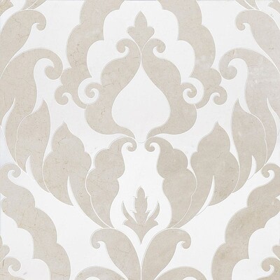 Rumi Crema Bella, Thassos White Or Aspen Whit Polished Marble Waterjet Decos 13 9/16×18 Image