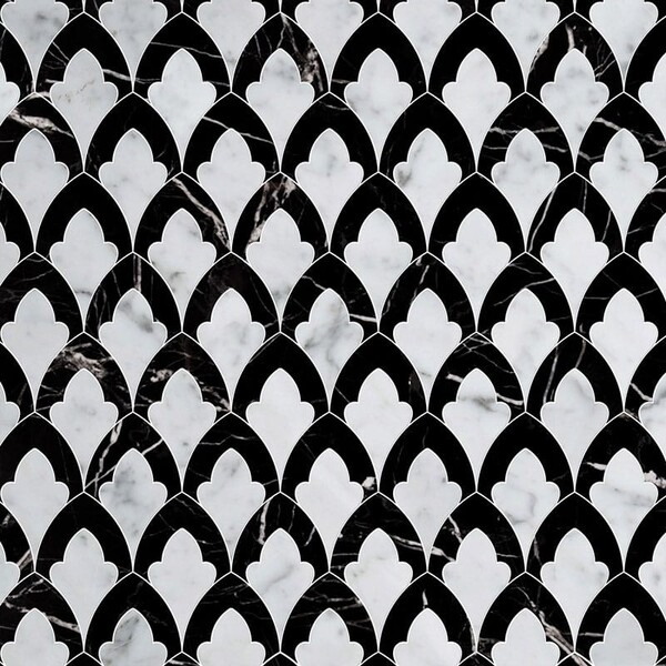 Sophia White Carrara, Black Multi Finish Marble Waterjet Decos 8 3/4×13 1/2 Image