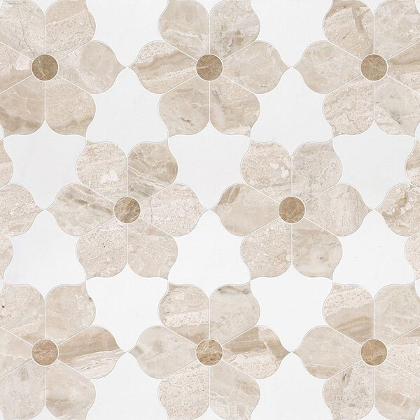 Theodora Diana Royal, Aspen White, Paradise Multi Finish Marble Waterjet Decos 12 1/8×14 Image