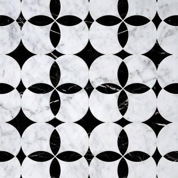 Constantine White Carrara, Black Multi Finish Marble Waterjet Decos 13 5/8×13 5/8 Image