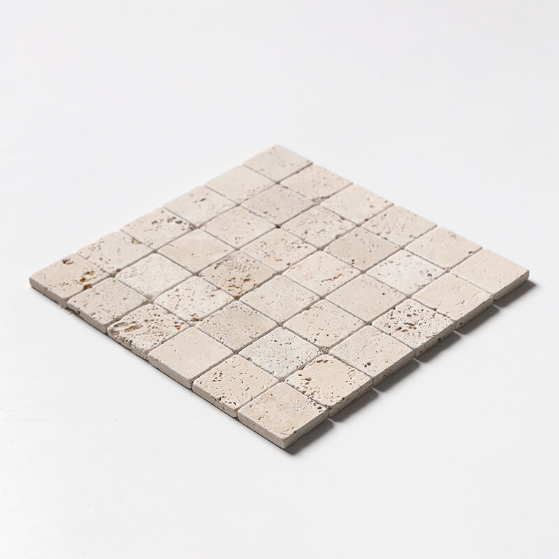 Ivory Tumbled 2×2 Travertine Mosaic 12×12
