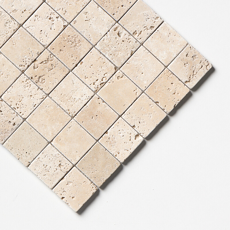 Ivory Tumbled 2×2 Travertine Mosaic 12×12