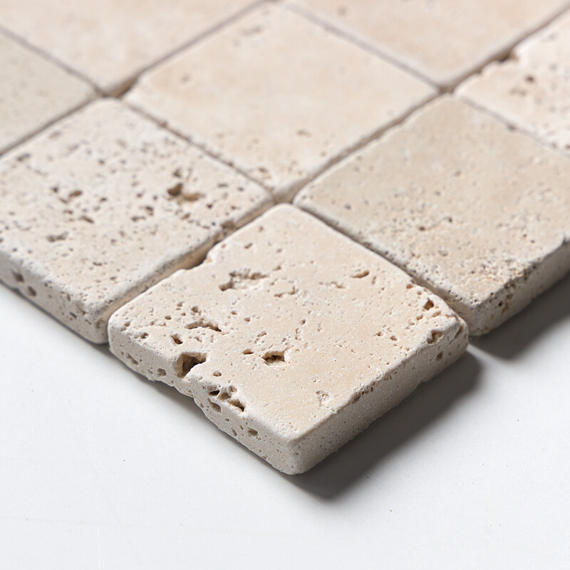 Ivory Tumbled 2×2 Travertine Mosaic 12×12