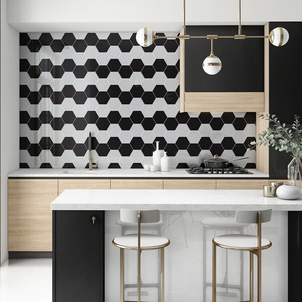 Black Glossy Hexagon 5 Ceramic Tile 5 (DC00357) Royal White Glossy Hexagon 5 Ceramic Tile 5 (DC00259)