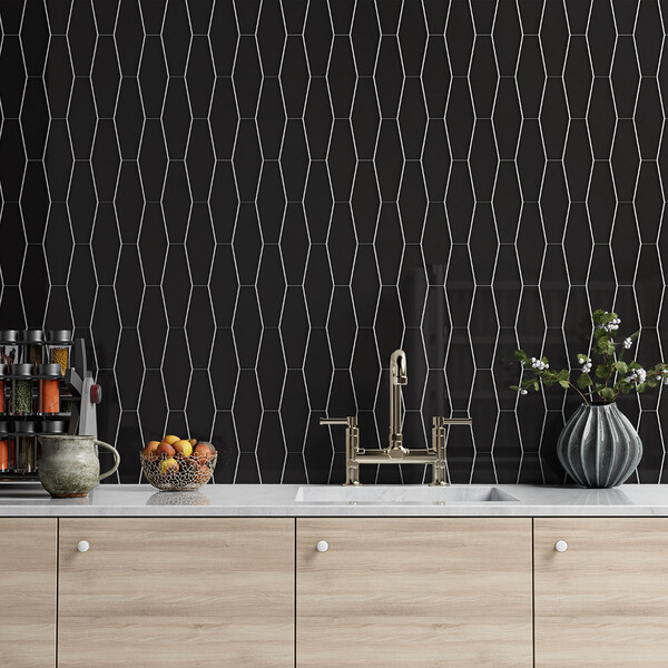 Black Glossy Longest Hexagon Ceramic Tile 3×7 7/8 (DC00358)