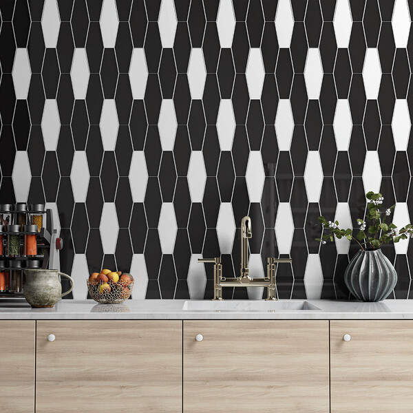 Black Glossy Longest Hexagon Ceramic Tile 3×7 7/8 (DC00358) Royal White Glossy Longest Hexagon Ceramic Tile 3×7 7/8 (DC00117)