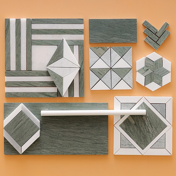 Verde Capri, Snow White Multi Finish Stars Marble Mosaic 14 3/16×14 15/16 (MS01784)