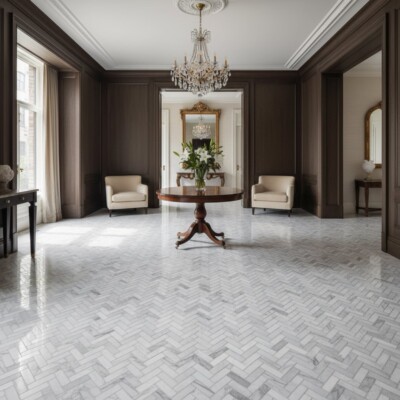 Frost White Honed Herringbone 5/8×2 Marble Mosaic 12 1/8×13 3/8 (MS01704)