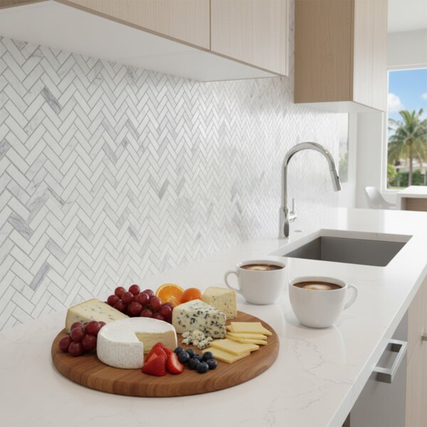 Frost White Honed Herringbone 5/8×2 Marble Mosaic 12 1/8×13 3/8 (MS01704)