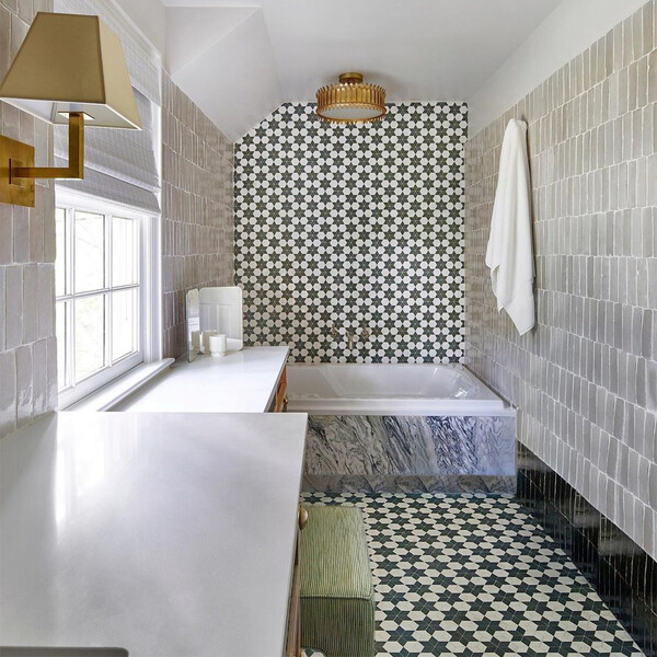 Verde Capri, Snow White Multi Finish Stars Marble Mosaic 14 3/16×14 15/16 (MS01784)