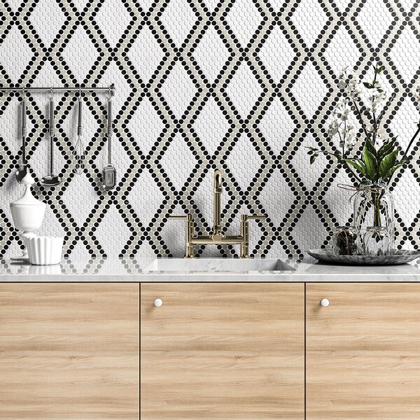 Black, Britannia, Snow White Honed Penny Round Diamond 1 Marble Mosaic 11 27/64×10 15/64 (MS01917)