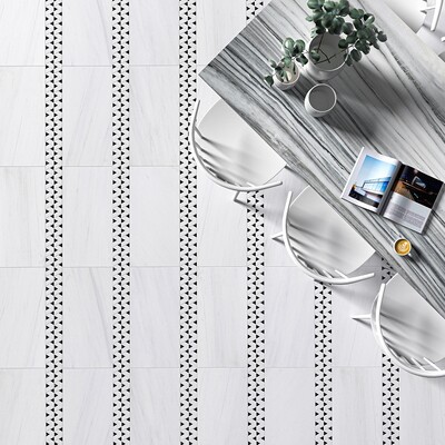 Black, Snow White Honed Monte Marble Mosaic 12 3/8×12 3/8 (MS01929)