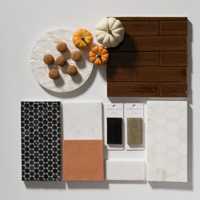 Calacatta Amber Honed Hexagon Marble Mosaic 10 3/8×12 (MS01996) Afyon Sugar Polished  Marble Tile 12×12 (TL10675) Black Glossy Staccato Thin Brick Accent Tiles 2 1/4×7 7/8 (TL80574) Seaweed Glossy  Thin Brick Tile 2 1/4×7 7/8 (TL80569) Hickory Glossy  Thin Brick Tile 2 1/4×7 7/8 (TL80570) Black Honed Penny Round Marble Mosaic 11 1/4×11 3/4 (MS01926)