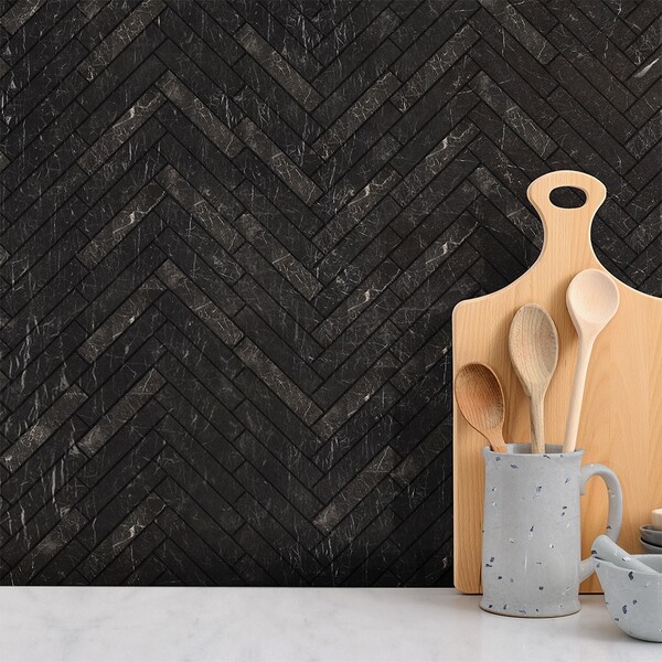 Iris Black Honed Herringbone Marble Mosaic 12 1/8×13 3/8 (MS02003)