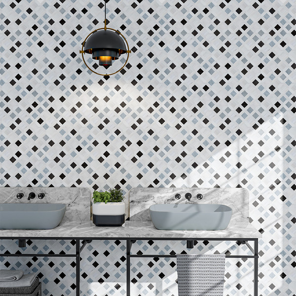 Allure L, Iris Black, Bianco Dolomiti Cl Honed Louna Marble Mosaic 12 5/8×12 5/8 (MS02192)