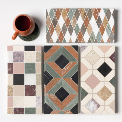 Blend Honed Louna Marble Mosaic 12×12 (MS02195) Snow White, Bosphorus, Red Laguna, Yello Honed Hazem Marble Mosaic 10 1/8×12 1/8 (MS02086) Blend Honed San Tropez Marble Mosaic 12×12 (MS02197) Verde Capri, Red Laguna, Black Honed Ella Marble Mosaic 12×12 (MS02083)