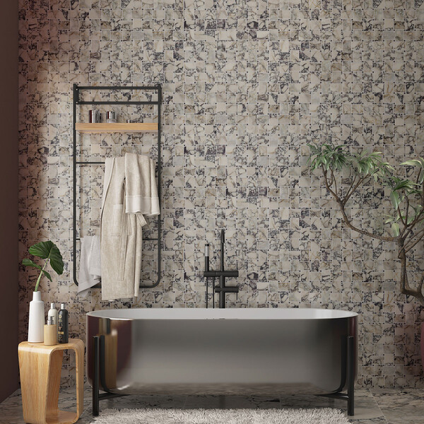 Iris Black, Calacatta Picasso Honed Pinwheel Marble Mosaic 10 5/8×10 5/8 (MS02568) Calacatta Picasso Honed  Marble Tile 12×24 (TL21000)