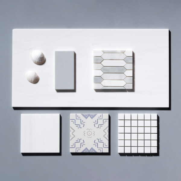 Avalon, Snow White, Allure Honed Baby Picket Waterjet Marble Mosaic 13 3/16×11 (NW00056) Amare Matte  Ceramic Tile 6×6 (TL80378) Stone Glossy Subway Ceramic Tile 3×6 (TL19762) Snow White Polished 1×1 Marble Mosaic 12×12 (MS01236)