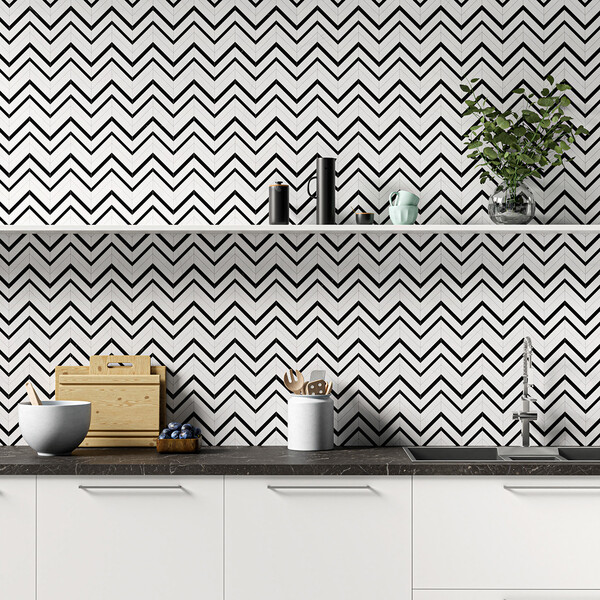 Black, Snow White Honed Chevron Fusion Waterjet Marble Mosaic 16×11 7/8 (NW00097)