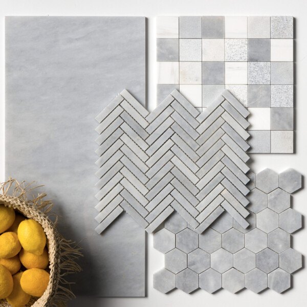Allure Light Honed Hexagon Marble Mosaic 10 3/8×12 (MS02039) Allure Light Honed Herringbone 5/8×3 Marble Mosaic 10 7/16×12 13/16 (MS02038) Avenza, Snow White, Allure Textured 2×2 Marble Mosaic 12×12 (MS01298)