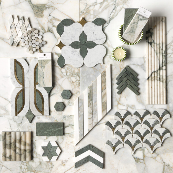 Calacatta Green Honed  Marble Tile 12×24 (TL20300) Calacatta Green Honed Thin Chevron Waterjet Marble Mosaic 10×13 (NW00151) Calacatta Green Honed Rhomboid Marble Mosaic 8 3/4×10 9/16 (MS02234) Calacatta Green Honed Penny Round Marble Mosaic 11 1/4×11 3/4 (MS02168) Verde Capri, Snow White Multi Finish Stars Marble Mosaic 14 3/16×14 15/16 (MS01784) Calacatta Green Honed Thin Fluted Marble Accent Tiles 4×18 (ML01048) Calacatta Green Honed Flute Trim Marble Accent Tiles 6×12 (ML00979) Verde Tia Polished  Marble Tile 12×24 (TL20362)