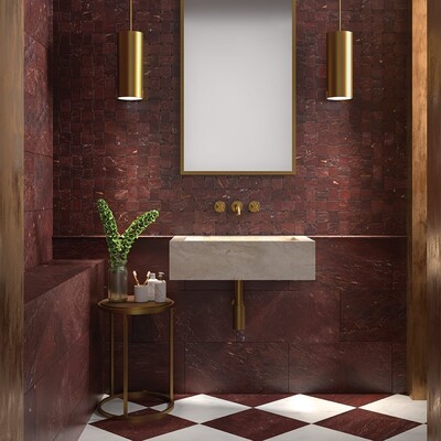 Red Bordeaux Honed  Marble Tile 12×24 (TL20336) Black, Red Bordeaux Honed Pinwheel Marble Mosaic 10 7/16×10 7/16 (MS02566) Red Bordeaux Honed Pencil Liner Marble Moldings 1/2×12 (ML01108)