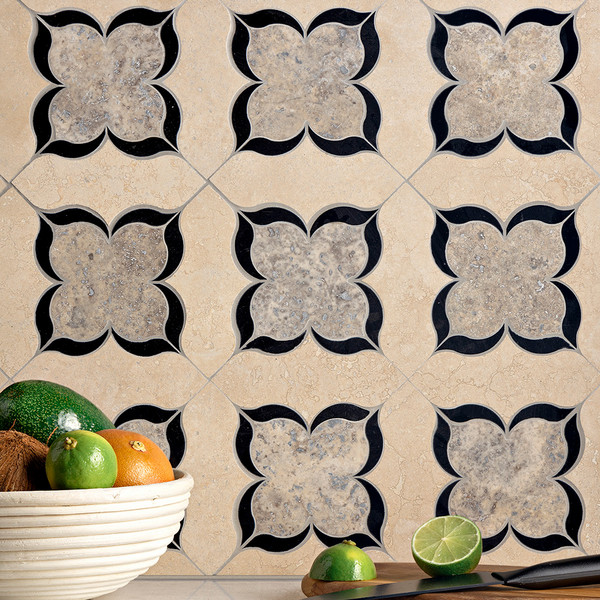 Azalea Ivory, Silverado, R010 Honed Filled Travertine Waterjet Decos 13 3/16×13 3/16 (WUM01004)