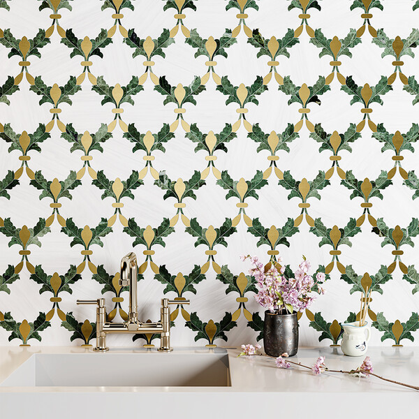 Snow White, Brass, Verde Tia Honed Floral Arabesque Marble Mosaic 8 3/16×11 13/16 (YNR10173)