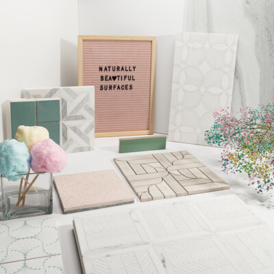 Diana Royal, Paradise Multi Finish Marmara Marble Mosaic 9 11/16×9 11/16 (YNR90252) Afyon White, Dolomite Multi Finish Constantine Marble Mosaic 13 5/8×13 5/8 (YNR10020) Thassos White, Calacatta Gold Honed Lucca Marble Mosaic 12×12 (MS90286)