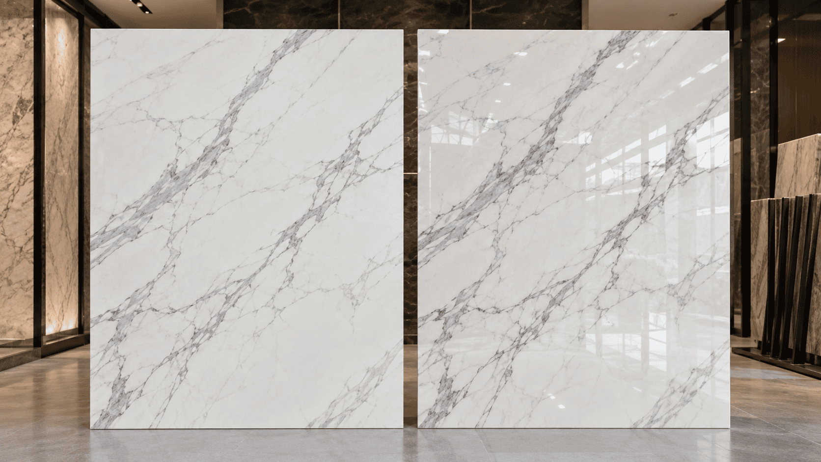 Honed and polished marble finishes shown side by side under the same lighting