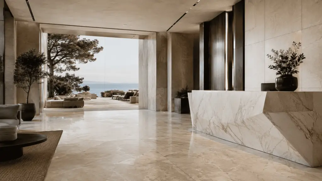 Natural stone applications in a luxury hotel lobby and terrace