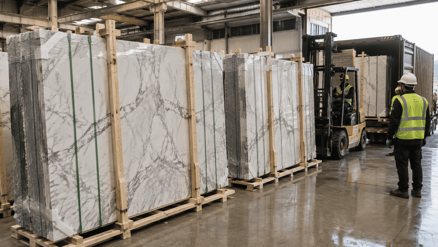 Marble slabs secured in reinforced export bundles for international shipping