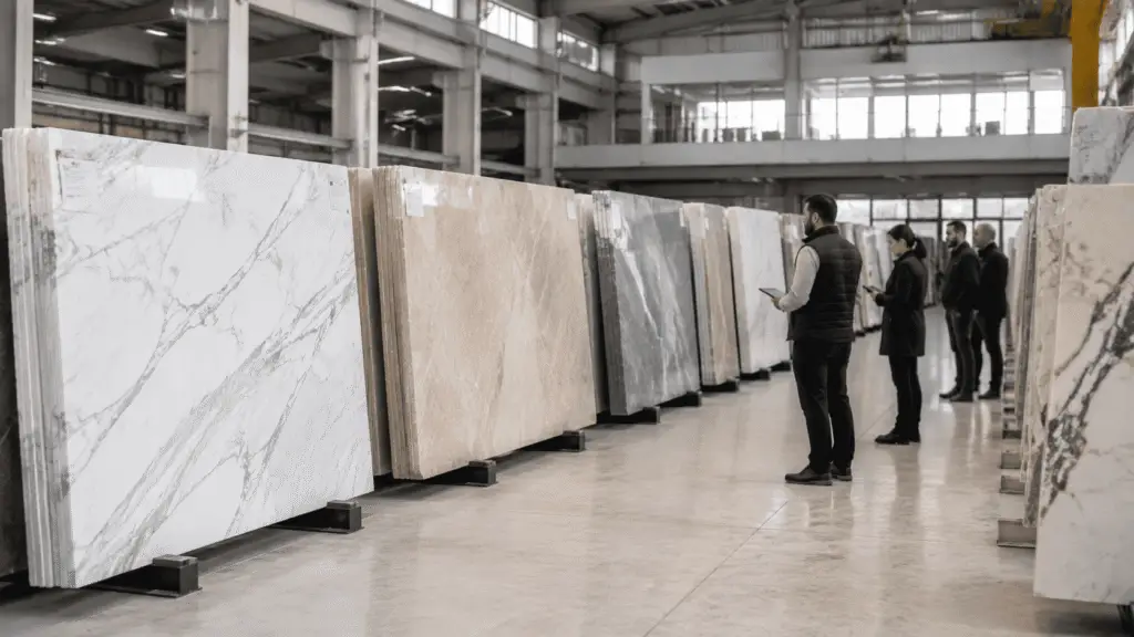 Marble slabs selected and organized for a large-scale architectural project