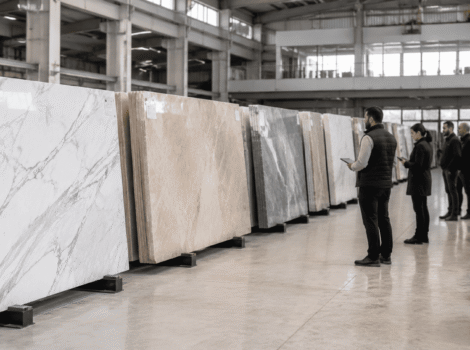 Marble slabs selected and organized for a large-scale architectural project