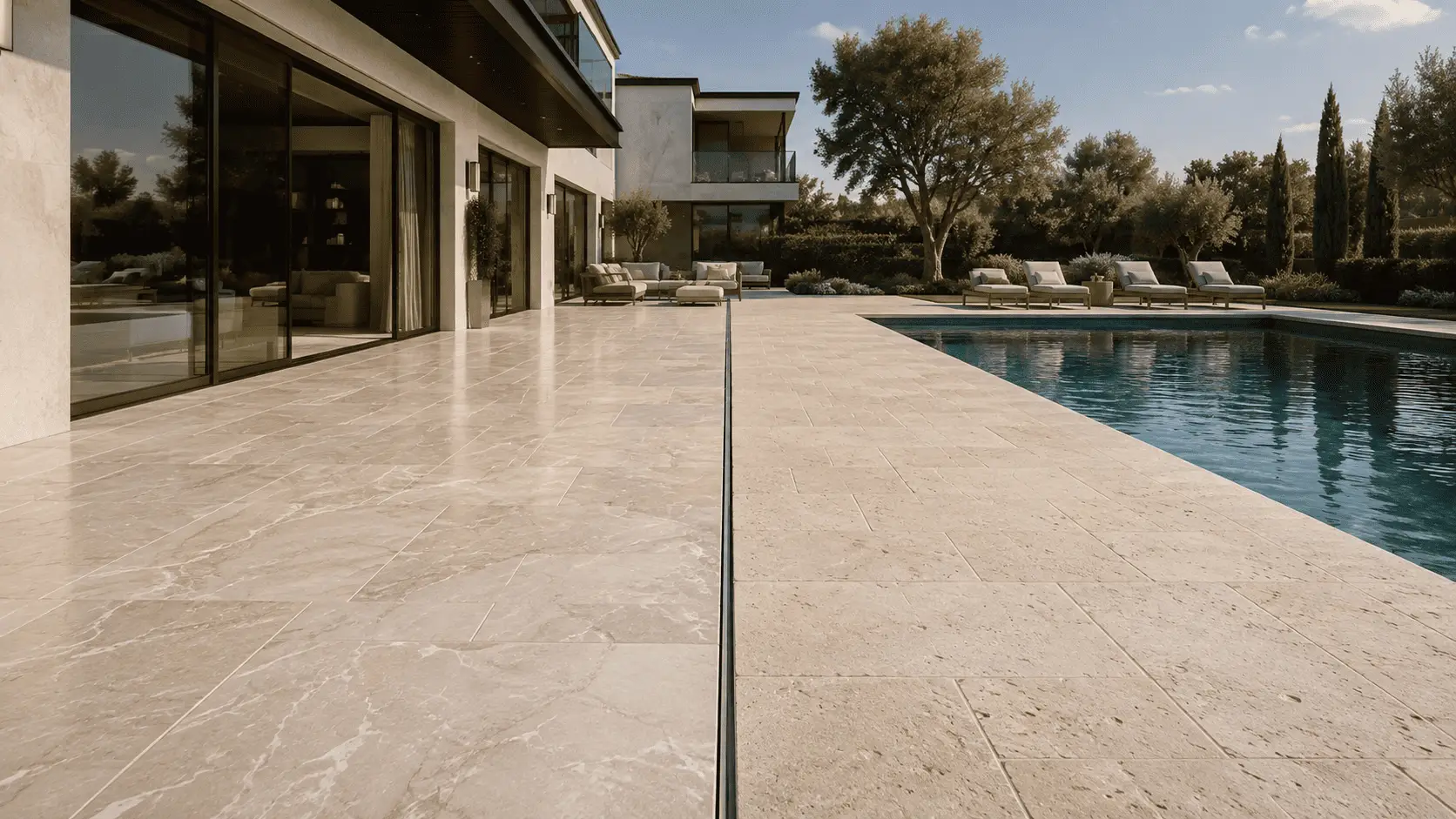 Marble and travertine used in outdoor terrace and pool deck applications