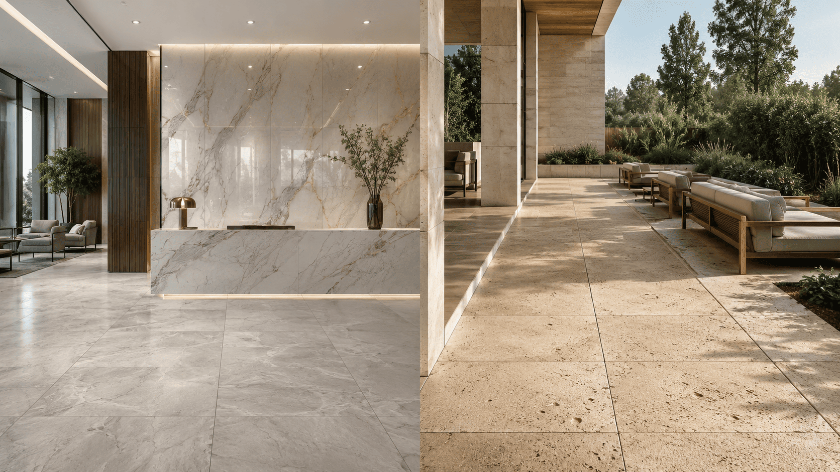 Natural stone finishes selected for interior lobby and outdoor terrace applications