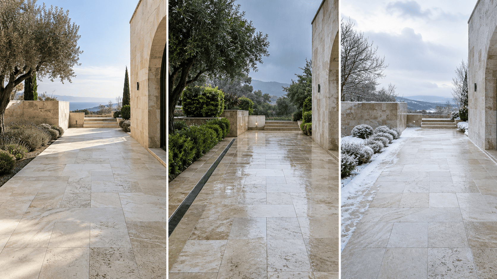 Outdoor marble and travertine applications in hot, rainy and cold climates