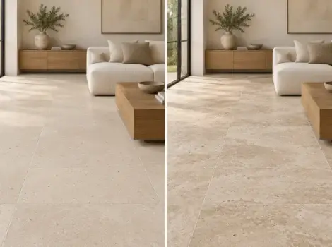Limestone vs travertine flooring in two comparable interior settings