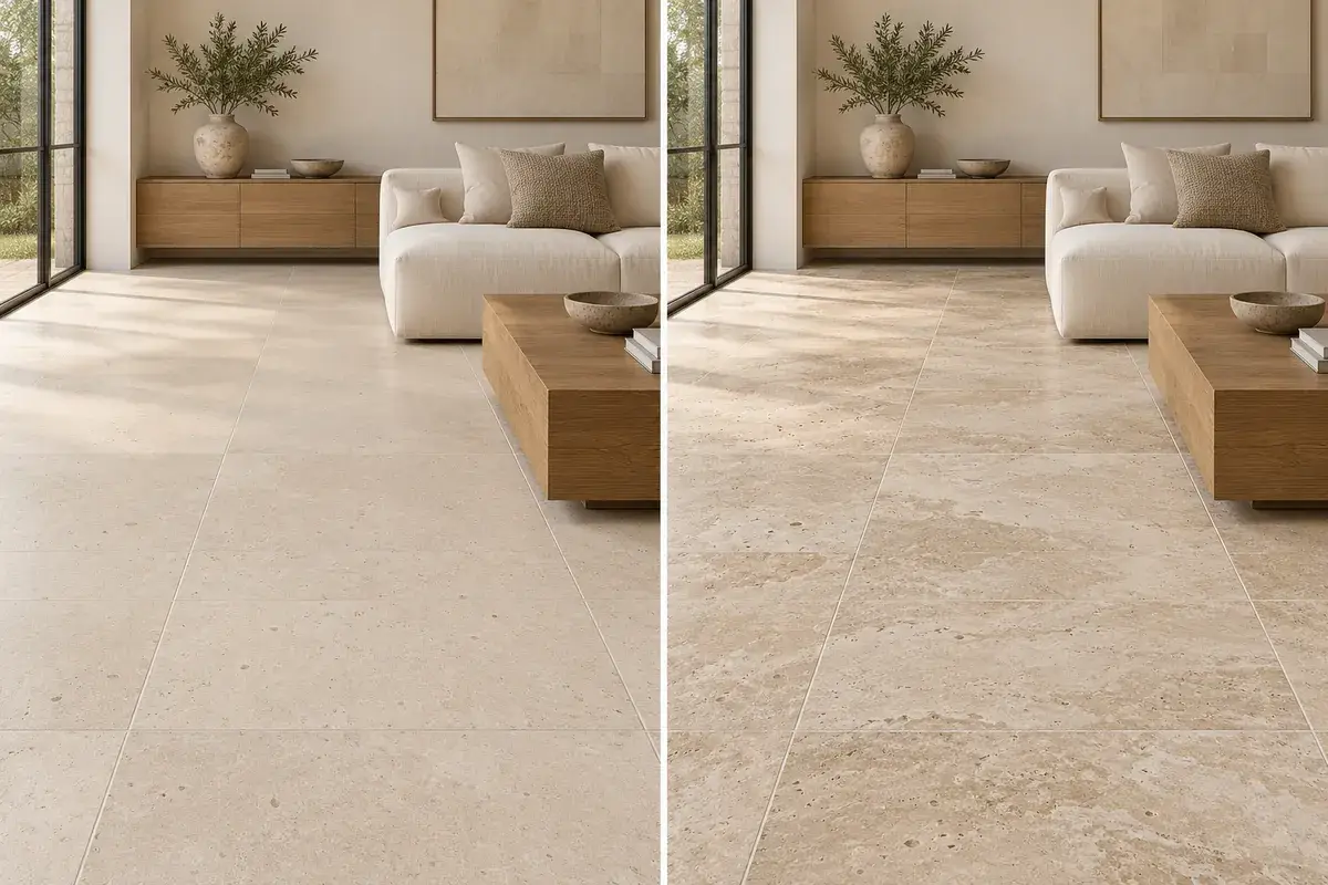 Limestone vs travertine flooring in two comparable interior settings