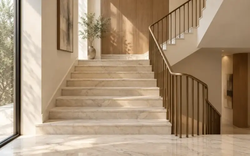 Marble staircase design with coordinated treads, risers and landing