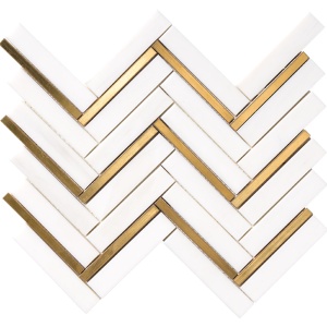 Gold Metal Brass Snow White Multi Finish Marble Thin Herringbone Mosaics21,38x28,51